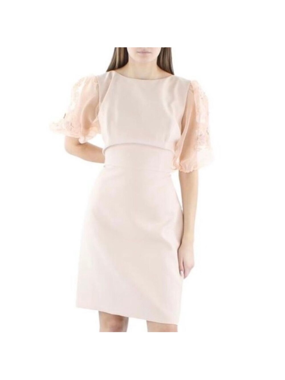 BCBGMaxAzria Kamille Sheer Puff-Sleeve 3D Floral Cocktail Dress Cream Size 8